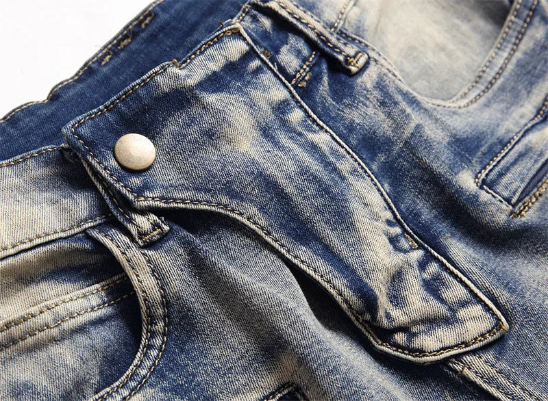 distressed washed pleated denim jean pants new fashion biker jeans streetwear casual slim pants jogger y2k mens skinny joggers unique joggers style 3138