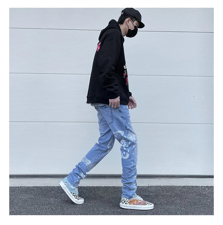mens high street paisley print denim jeans casual hip hop distressed jeans slim fit skinny denim pants joggers streetwear men unique joggers style 269