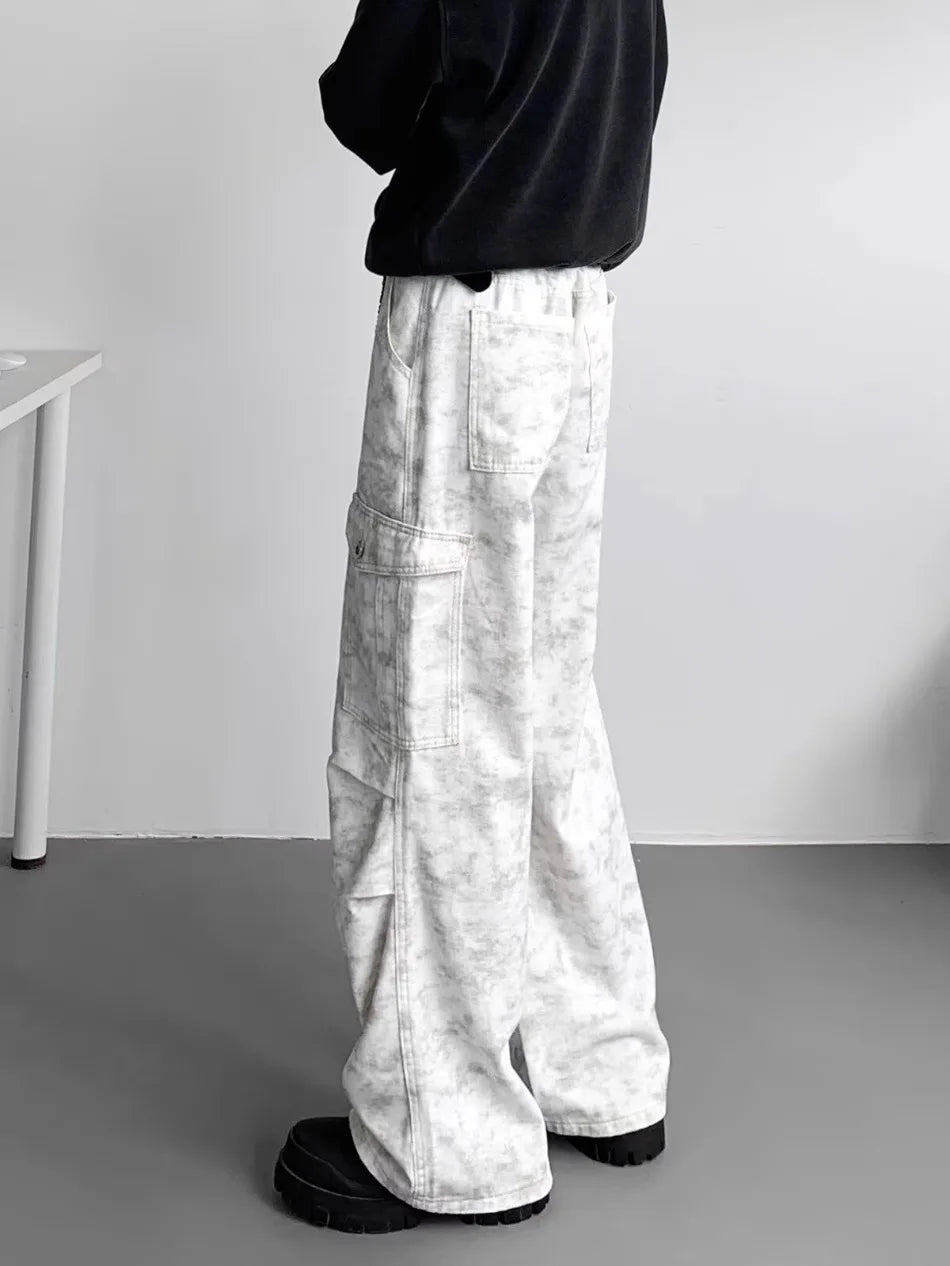 American Tie Dye Cargo Pants Mens Autumn Vintage High Street Straight Leg Trousers Casual Multi Pocket Loose Overalls Male Street King Limited