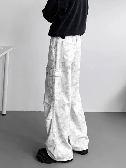 American Tie Dye Cargo Pants Mens Autumn Vintage High Street Straight Leg Trousers Casual Multi Pocket Loose Overalls Male Street King Limited