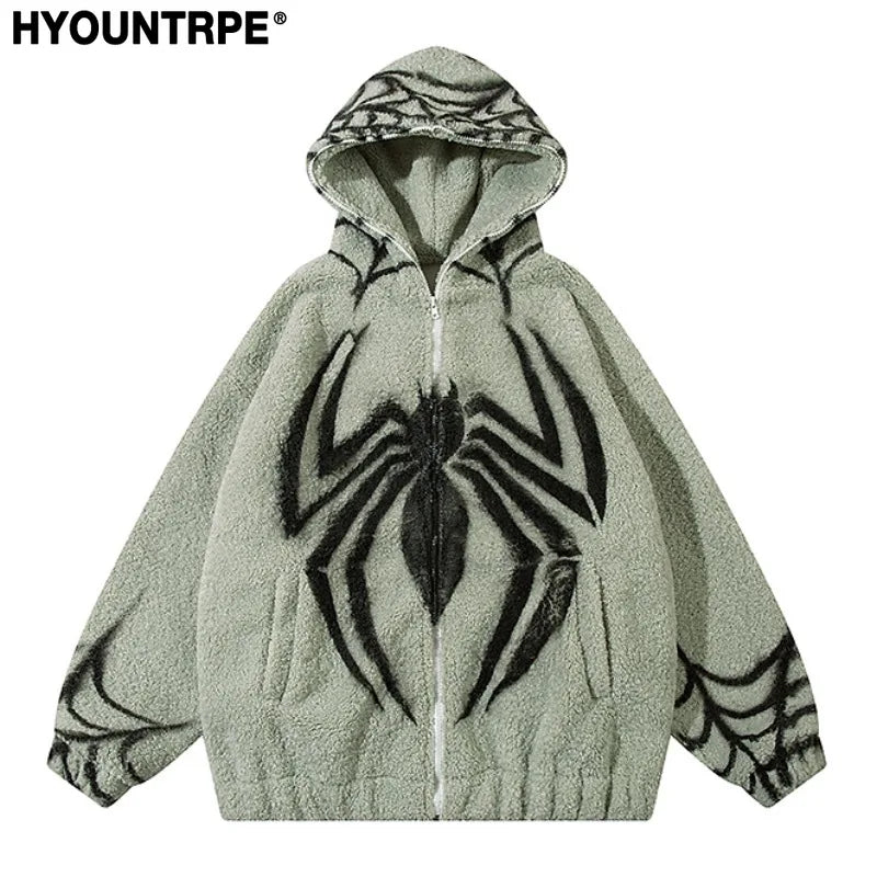 mens harajuku spider graffiti fleece jackets and coats hairy zipper hooded outerwear warm streetwear parkas loose bomber jacket relaxed fit trousers