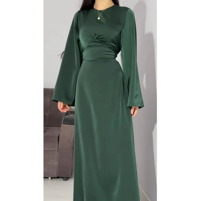 2024 Women Satin Long Dresses Sexy Lace Up Slim Evening Dresses Simple Round Neck Flare Sleeve Birthday Party Dresses For Women Street King Limited