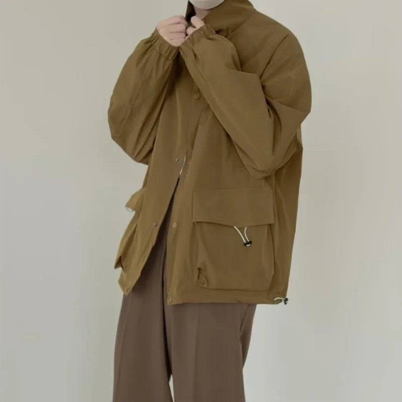 japanese spring jacket mens single breasted stand collar harajuku unisex coats solid big pocket drawstring casual men outwear minimalist street pants