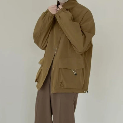 japanese spring jacket mens single breasted stand collar harajuku unisex coats solid big pocket drawstring casual men outwear minimalist street pants