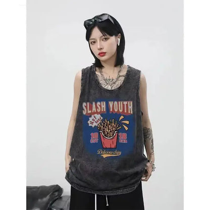 American pure cotton casual vest for outer wear hip-hop retro high street style trendy short-sleeved men's summer printed tops Street King Limited