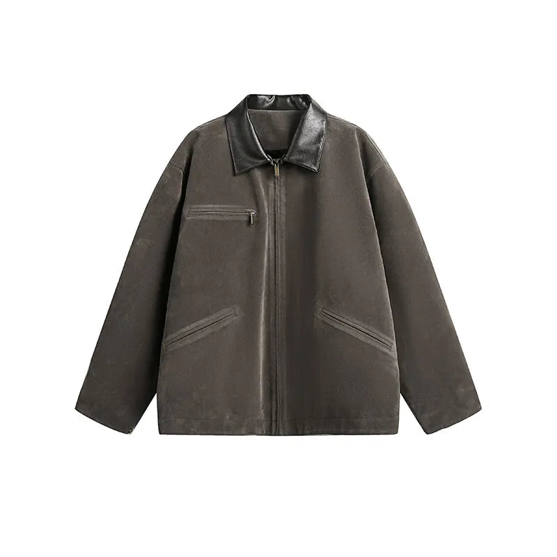 2025 american streetwear retro leather collar bomber jacket men loose casual fashion short cargo jacket spring autumn coat unique cargo style 438