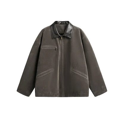 2025 american streetwear retro leather collar bomber jacket men loose casual fashion short cargo jacket spring autumn coat unique cargo style 438