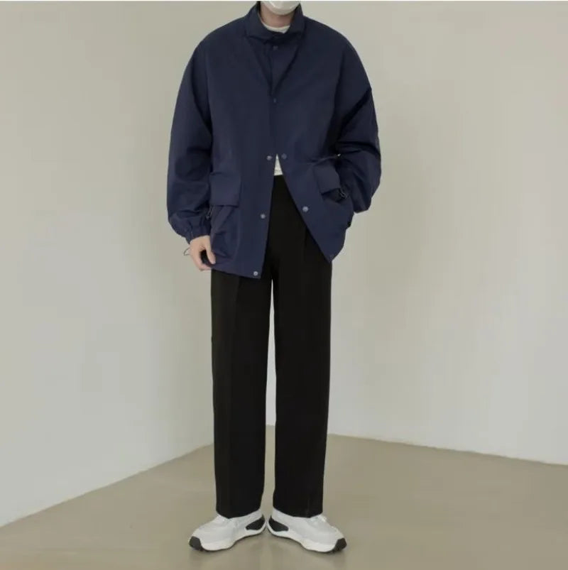 japanese spring jacket mens single breasted stand collar harajuku unisex coats solid big pocket drawstring casual men outwear unique default style 1890
