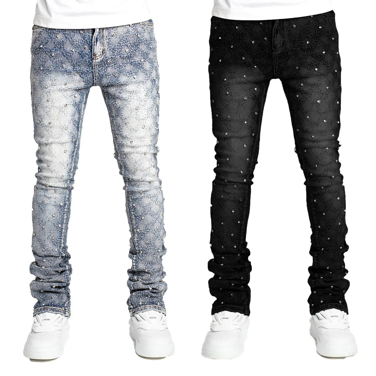 Stretchy Personality Stacked Denim Pants 2024 New Fashion Pearls Fashion Rhinestone European Street Skinny Jeans For Men Street King Limited