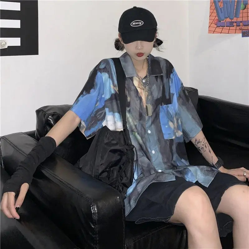 Korean style shirts for men and women 2024 new summer design niche retro tie-dye shirts loose short-sleeved tops trendy y2k tops Street King Limited