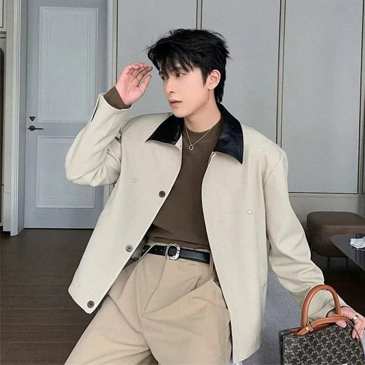 new korean fashion turn down collar jackets for men autumn color patchwork zipper coats y2k vintage casual college bomber jacket urban fashion pants