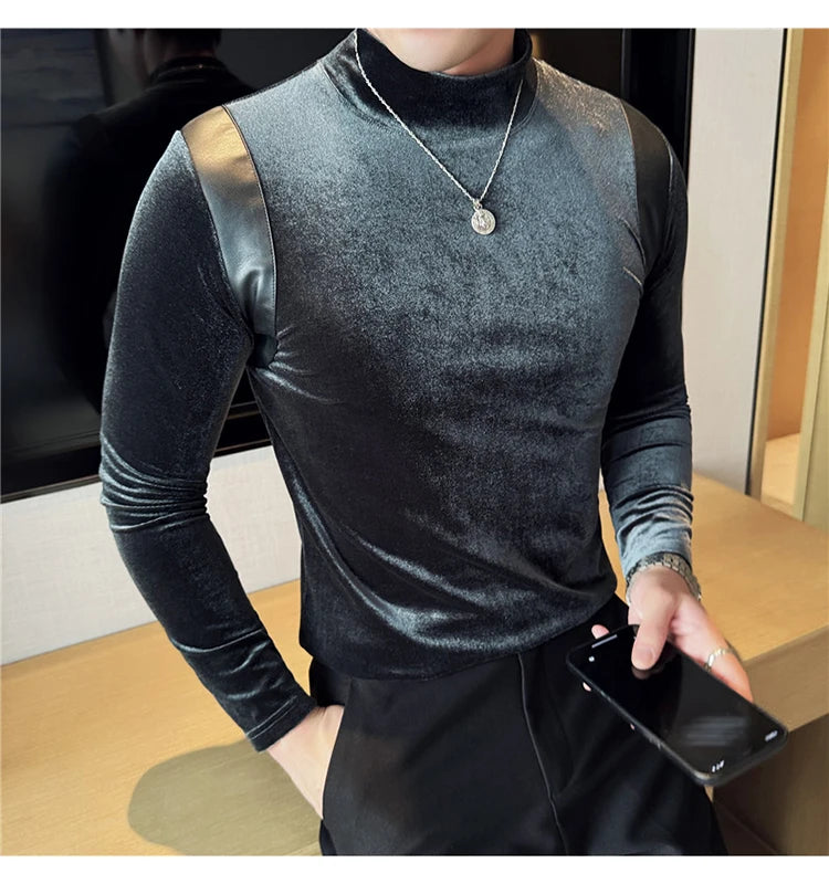 Turtleneck Stretch Slim-fit T-shirt Men Long Sleeve Thicken Elastic Velvet Retro Fashion Casual Tshirt Handsome Man T Shirts Street King Limited