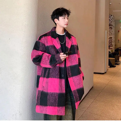 plaid woolen trenchcoat men autumn winter fashion retro streetwear suit collar loose casual trendy trench coat outerwear unique default style 1198