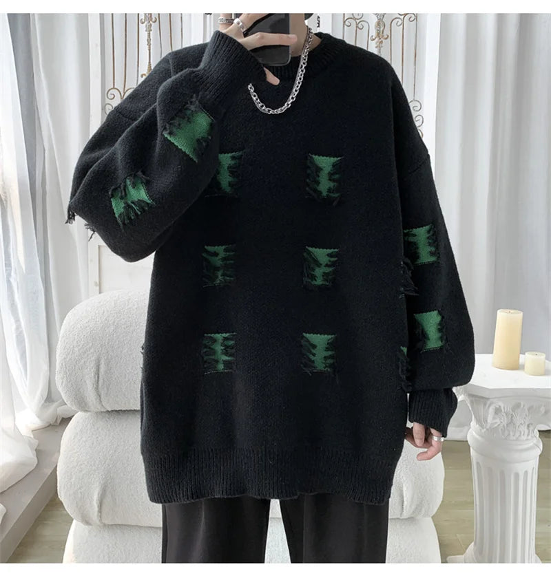 2025 New Ripped Design Crewneck Sweater For Men High Street Patchwork Knitted Jumpers Y2K Vintage Christmas Knitwear Pullovers Street King Limited