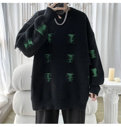 2025 New Ripped Design Crewneck Sweater For Men High Street Patchwork Knitted Jumpers Y2K Vintage Christmas Knitwear Pullovers Street King Limited