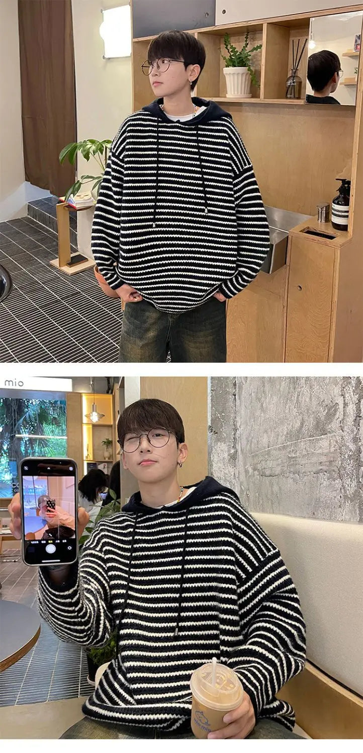 Y2K Striped hooded sweater for men and women autumn and winter American retro trend couple lazy loose and casual knitted top Street King Limited