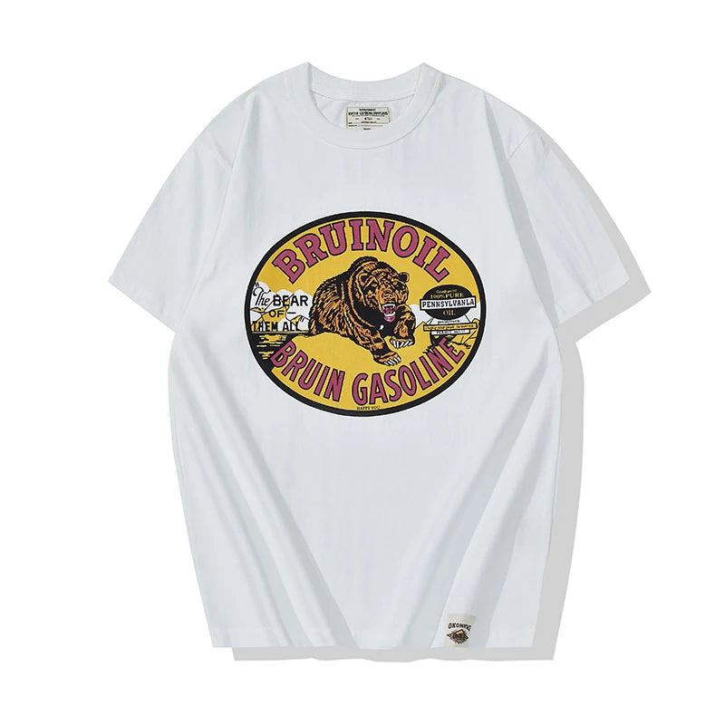 2022 Summer T Shirt  Men Amekaji Vintage High Quality Cotton Animal Printed Short Sleeve Tshirts Male Round Neck Casual Top Tees Street King Limited