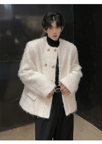 men double breasted french streetwear retro fashion loose casual tassels woolen short jacket man korean coat outerwear unique shorts style 1272