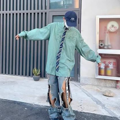 street wear retro hip hop distressed straight leg jeans vintage y2k tassel biker ripped denim pants mens washed destroyed jean urban skinny jeans