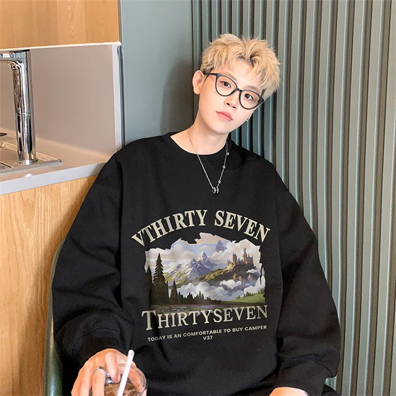 Autumn Oil Painting Landscape Print Cotton Sweatshirt Men Loose Casual Crewneck Pullover Hoodies Korean Fashion Y2K Clothing Street King Limited