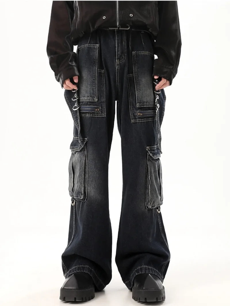 fashion punk rings streetwear loose pants unisex casual multiple pockets wide legs jean pants hip hop joggers men baggy jeans casual joggers