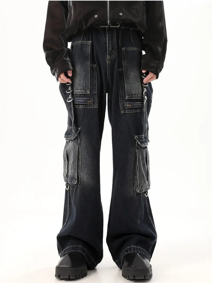 fashion punk rings streetwear loose pants unisex casual multiple pockets wide legs jean pants hip hop joggers men baggy jeans casual joggers