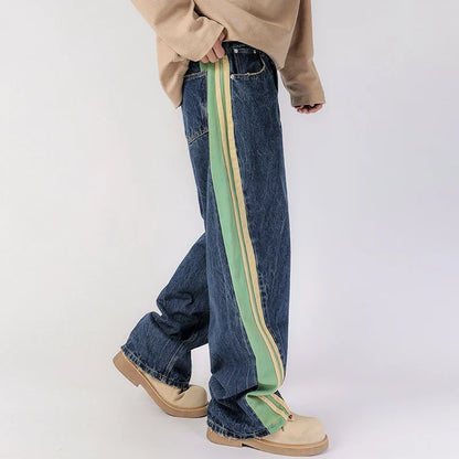 men streetwear fashion side splice hip hop loose casual wide leg straight baggy jeans pant cityboy jeans pants trousers urban skinny jeans