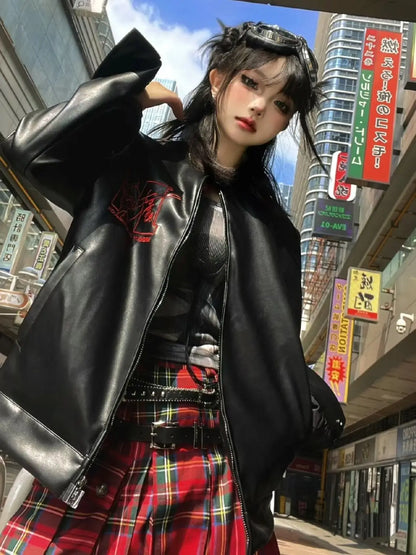 harajuku second apostle leather jacket women spring and autumn american sense vintage goth casual y2k tops coat women relaxed fit trousers
