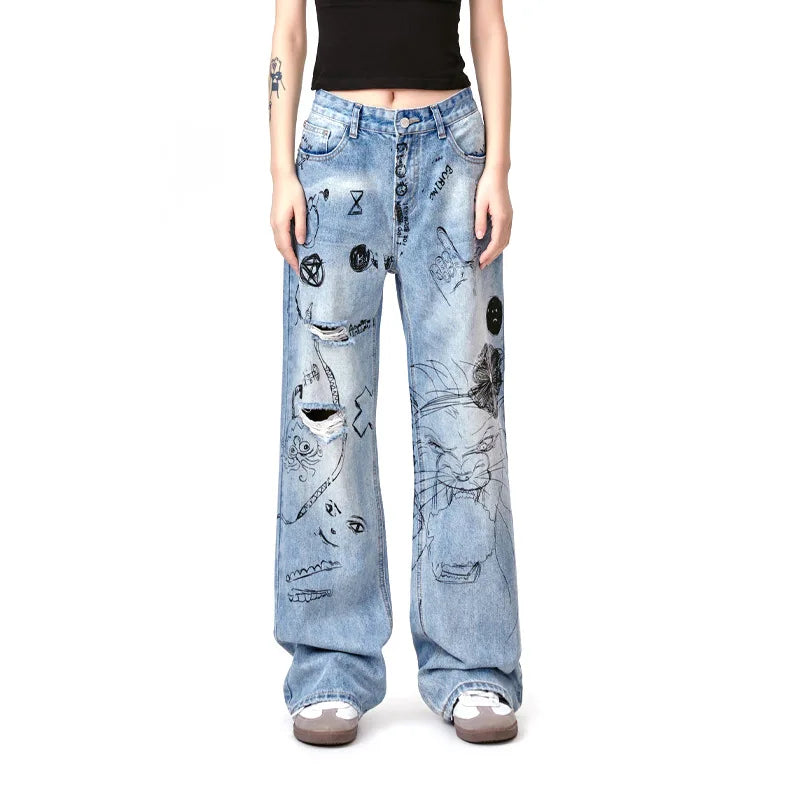 men baggy ripped jeans graffiti printed straight denim pants distressed jeans male streetwear hip hop jeans trousers y2k urban skinny jeans