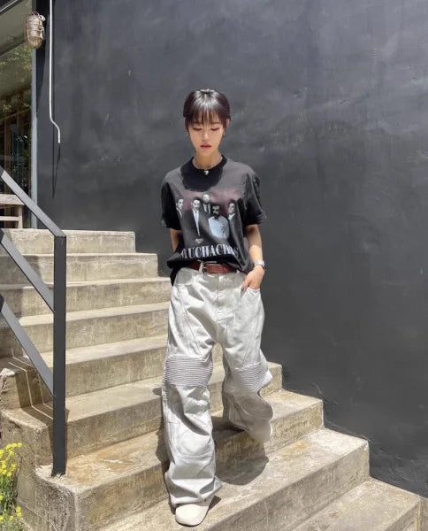 pleat patchwork dir wash racing pants mngu washed distressed white straight overalls dirfit loose trousers unique default style 1330