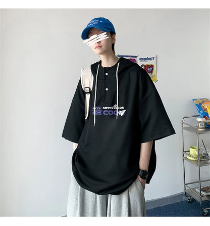 New Men's Casual Hooded Y2K T-Shirt Summer Short Sleeve Letter Printed T Shirts Hombre Oversized Hip Hop Fashion Gym Tee Tops Street King Limited