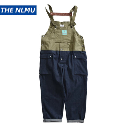 2023 summer cargo overalls pants men patchwork denim jumpsuits loose work pants solid color casual streetwear cargo trousers multi-pocket cargos
