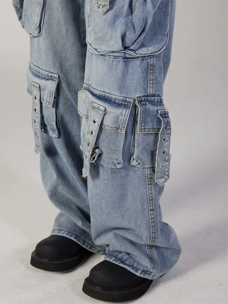 fashion loose streetwear cargo denim jeans unisex casual multi pocket straight jean pants with belt hip hop joggers baggy jeans sporty tapered joggers