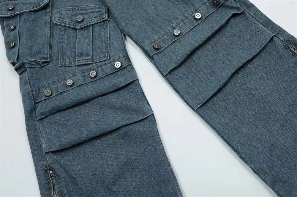 punk rivet denim jeans pants mens 2023 harajuku streetwear bottom zipper cotton casual oversize joggers straight pants trousers unique joggers style 3466
