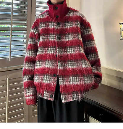 men turtleneck trendy brand fashion stripe christmas woolen bomber jacket women oversize plaid top coat outerwear unique default style 1148
