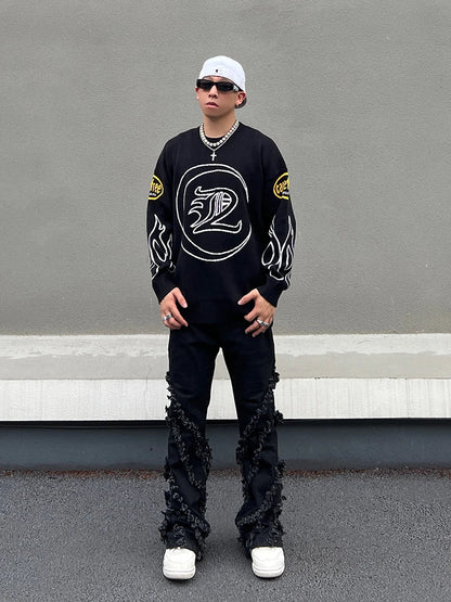 Hip Hop Knitted Sweater Men Letter Fire Pattern O-neck Pullover Streetwear Casual Loose Sweater Unisex Harajuku Jumpers Knitwear Street King Limited
