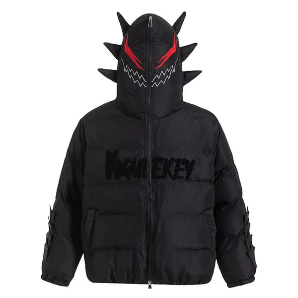 Men Black Down Jackets Winter Full Zipper Parkas Devil Horn Pattern Hooded Coat Harajuku Embroidery High Street Casual Outwear Street King Limited