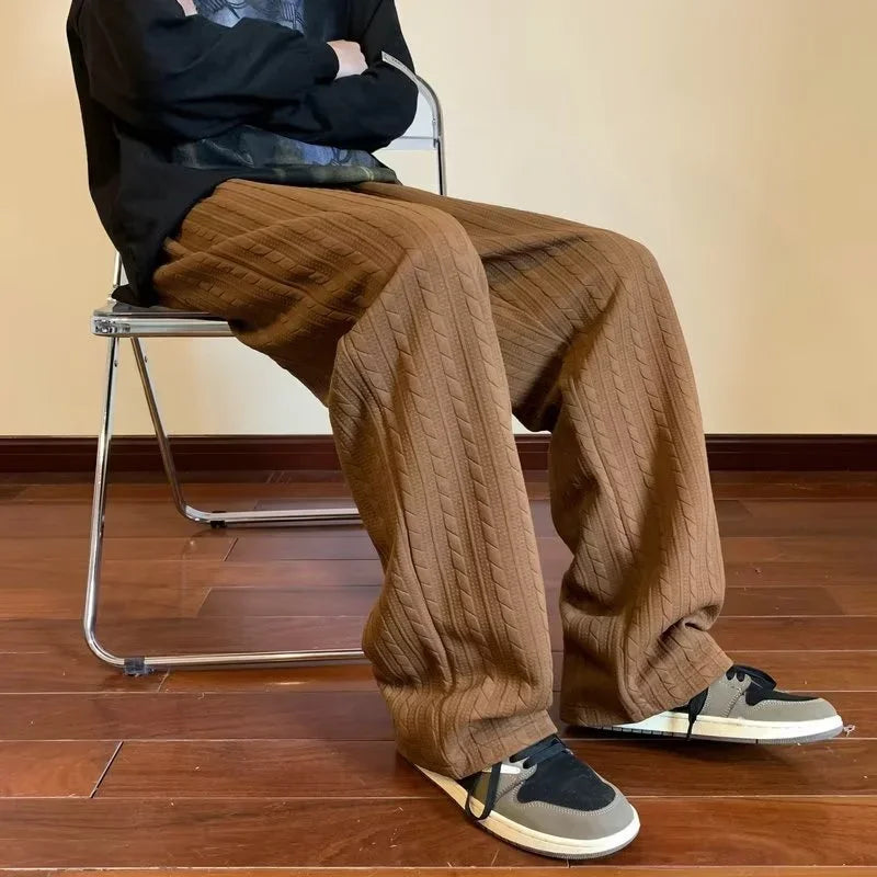 autumn waffle foam striped design pants for men new high street wide leg straight trousers casual y2k vintage pantalones hombre unique default style 91