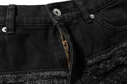y2k streetwear trendy oversized micro flare jeans black ro hip hop washed tassel distressed denim jean raw edge mens wide pants unique jeans style 4779