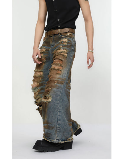 2 pieces sets mens dirty graffiti wide shouder denim jeans jacket coat and ripped holes wide legs pants joggers streetwear sets unique joggers style 3552