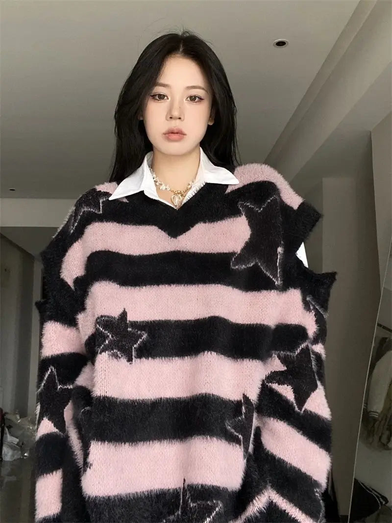Punk Gothic Long Sweater Women Furry Knitted Sweaters Y2K Streetwear Loose Hollow Out Detachable Pullovers Harajuku Sexy Tops Street King Limited