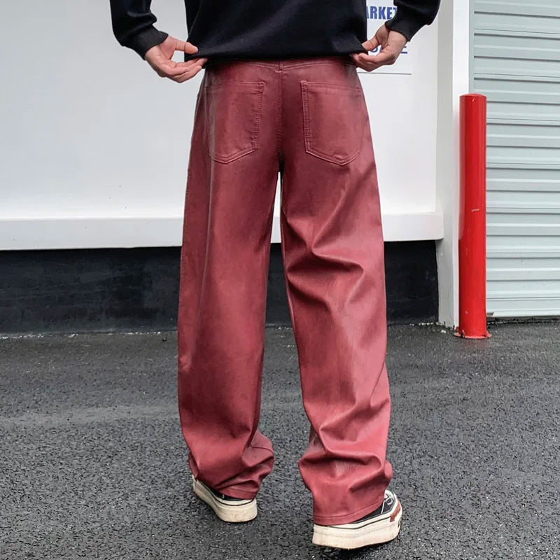 men streetwear fashion hip hop loose casual straight leather motorcycle pant man y2k trousers pants stage clothing clean everyday pants