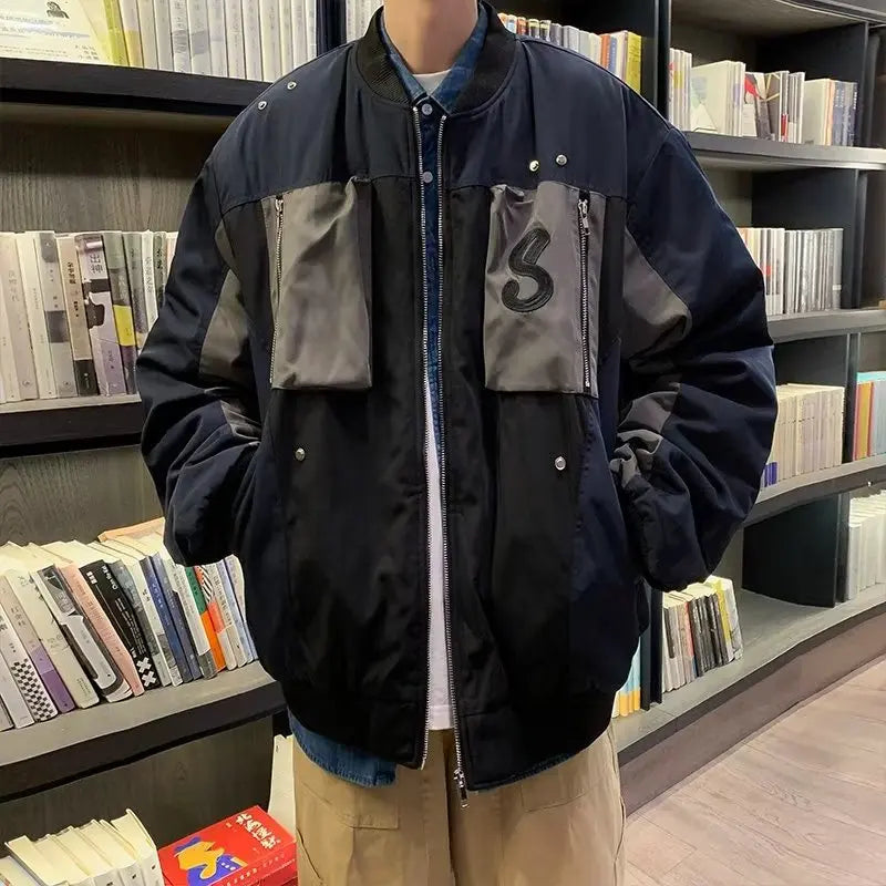multi pocket bomber jacket men vintage loose varsity coat fashion korean patchwork baseball pilot outerwear unisex spring autumn menswear bottoms