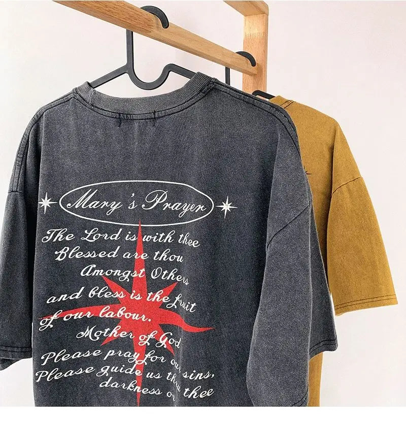 Cross short-sleeved T-shirt men's trendy brand ins American retro half-sleeved summer loose high street washed and distressed Street King Limited