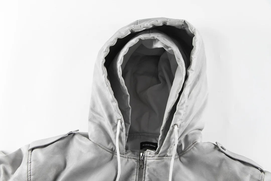 new arrival vintage heavyweight dirty grey double layer hooded leather jacket with multiple pockets zipper design cotton jacket unique default style 132