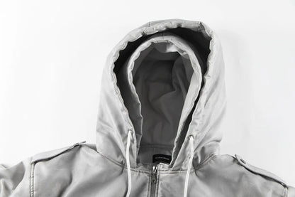 new arrival vintage heavyweight dirty grey double layer hooded leather jacket with multiple pockets zipper design cotton jacket unique default style 132