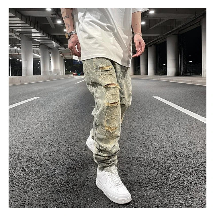 fashion paisy denim jeans mens destoryed holes zipper jeans pants hip hop streetwear new summer casual joggers loose jeans pants unique joggers style 1233