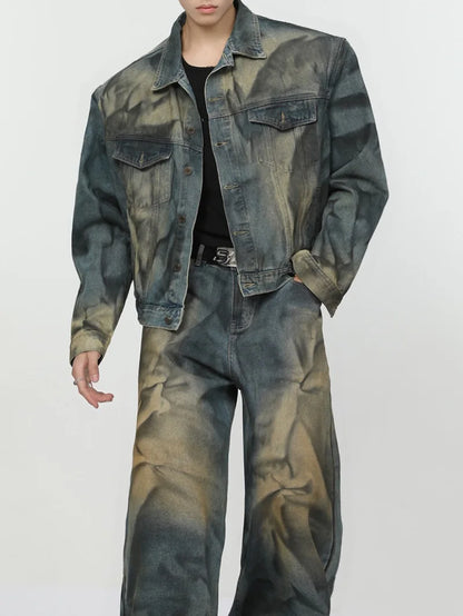 2 pieces sets mens fashion dirty graffiti wide shouder denim jeans jacket coat and wide legs pants joggers new streetwear sets sporty tapered joggers