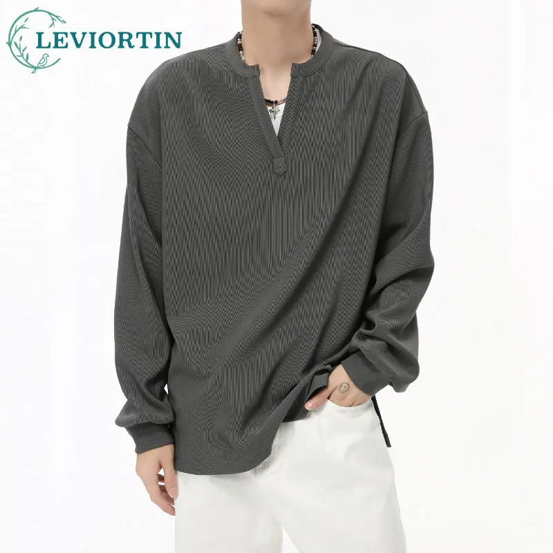 Men's  V-neck Long Sleeve T-Shirt Tops Clothing Autumn Korean Style Lazy Simple Solid Color Casual Pullover Bottoming Shirt Street King Limited