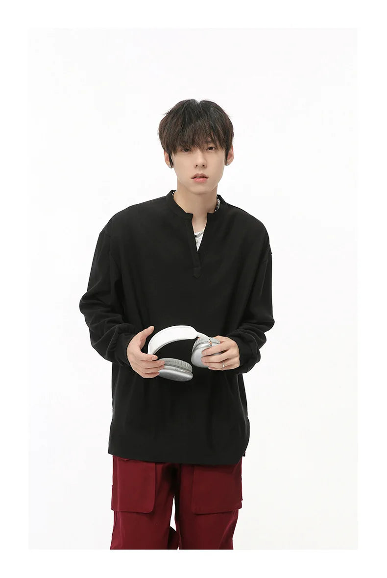 Men's  V-neck Long Sleeve T-Shirt Tops Clothing Autumn Korean Style Lazy Simple Solid Color Casual Pullover Bottoming Shirt Street King Limited